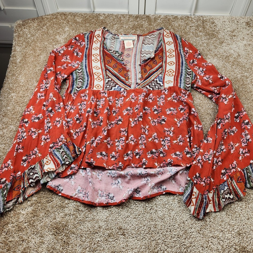 Flying Tomato Womens Rust Orange Boho Floral Bell Sleeve Babydoll Top Medium